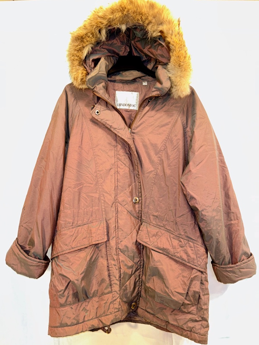 Vintage London Fog Iridescent Parka Jacket Faux Fur Hood Brown Anorak Coat Sz. M